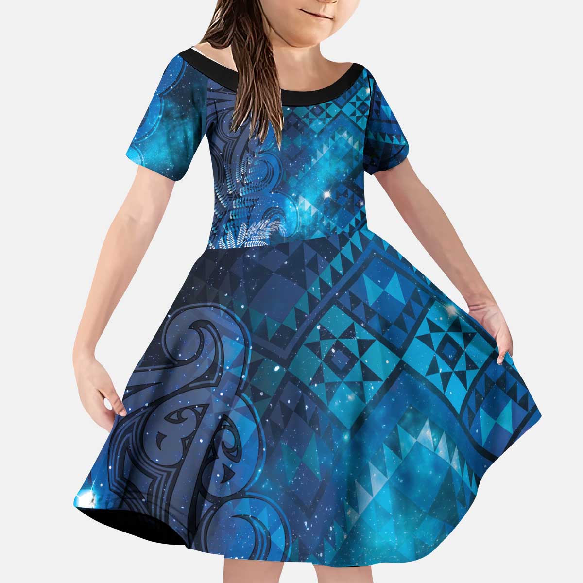 Aotearoa Taniko Matariki Kid Short Sleeve Dress Cosmic Blue