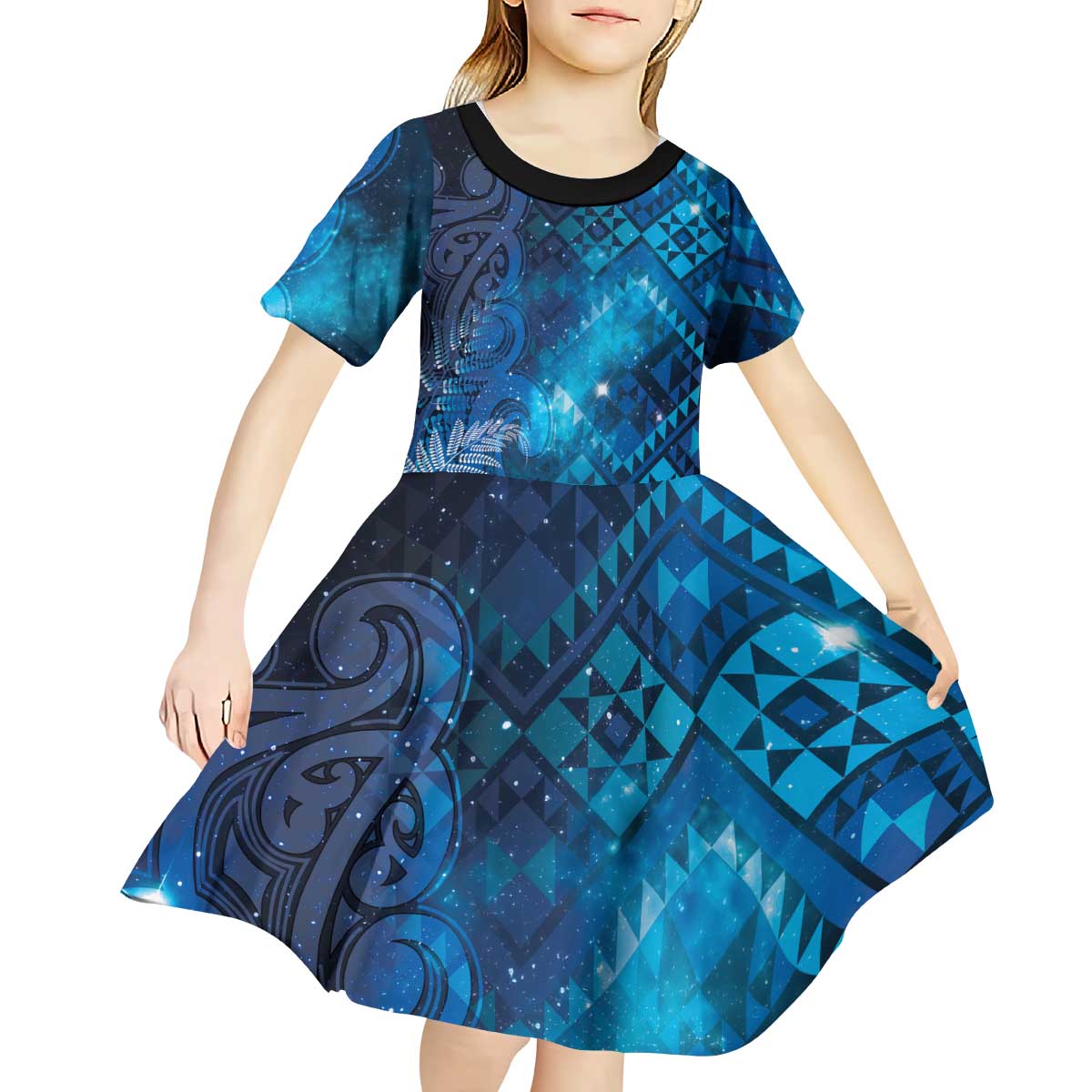 Aotearoa Taniko Matariki Kid Short Sleeve Dress Cosmic Blue