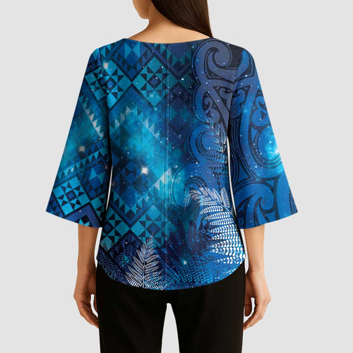 Aotearoa Taniko Matariki Kimono Sleeve Blouse Cosmic Blue