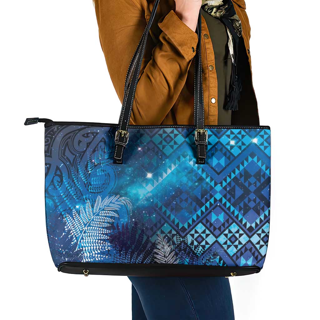 Aotearoa Taniko Matariki Leather Tote Bag Cosmic Blue