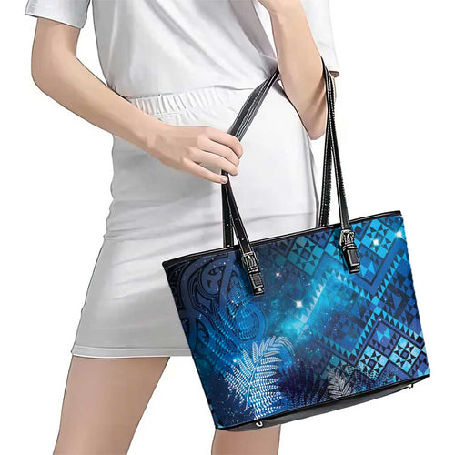 Aotearoa Taniko Matariki Leather Tote Bag Cosmic Blue