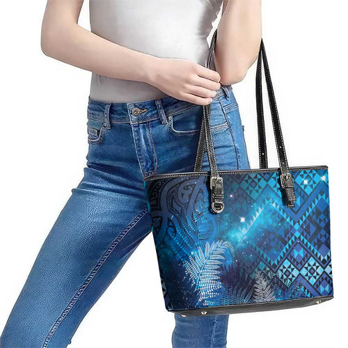 Aotearoa Taniko Matariki Leather Tote Bag Cosmic Blue