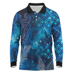 Aotearoa Taniko Matariki Long Sleeve Polo Shirt Cosmic Blue