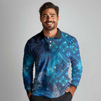 Aotearoa Taniko Matariki Long Sleeve Polo Shirt Cosmic Blue