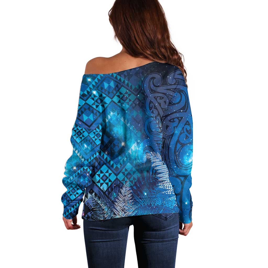 Aotearoa Taniko Matariki Off Shoulder Sweater Cosmic Blue