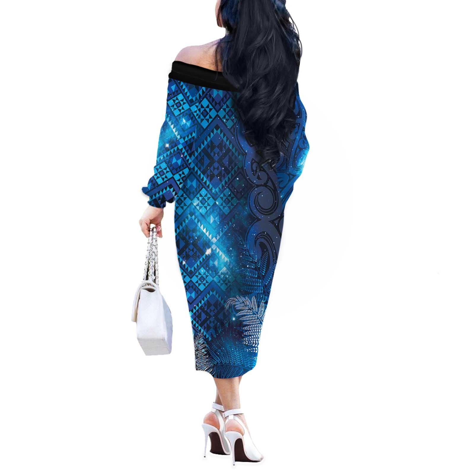 Aotearoa Taniko Matariki Off The Shoulder Long Sleeve Dress Cosmic Blue