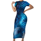 Aotearoa Taniko Matariki Short Sleeve Bodycon Dress Cosmic Blue