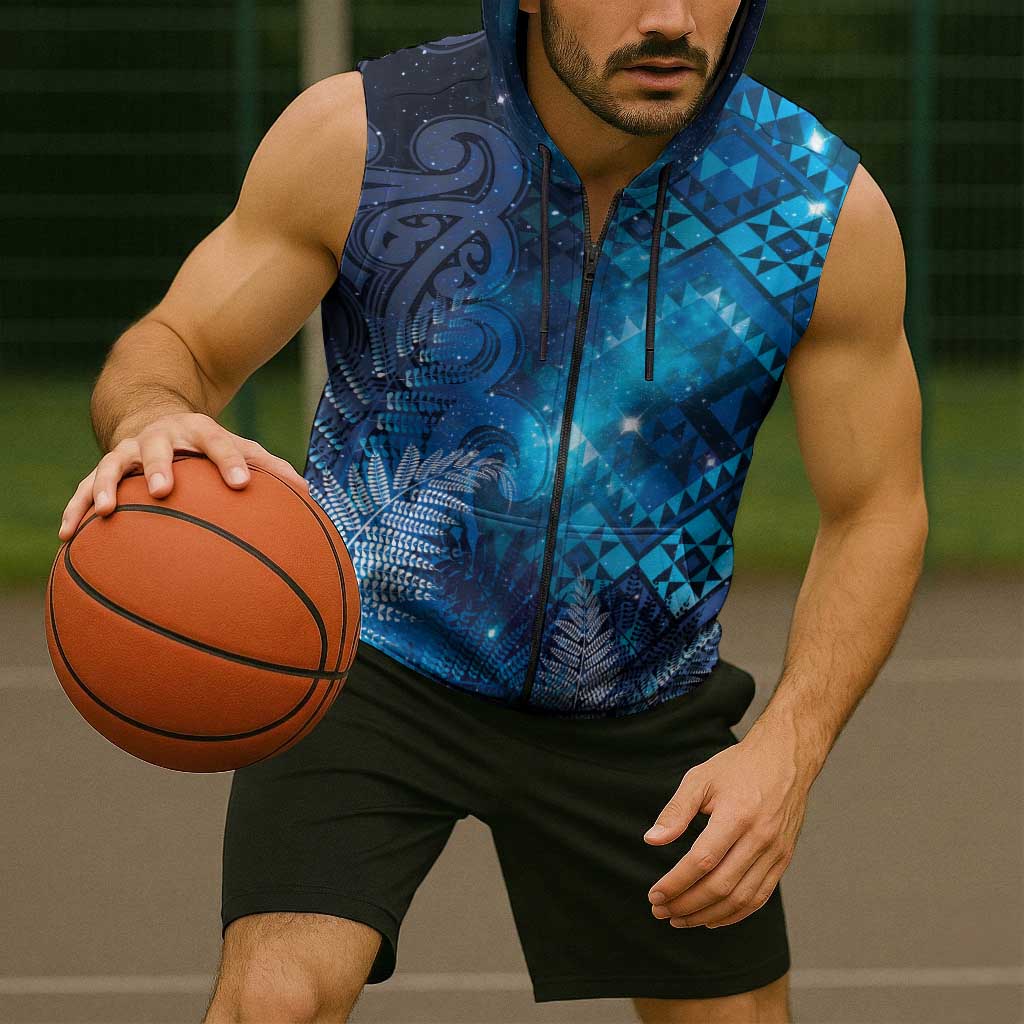 Aotearoa Taniko Matariki Sleeveless Zip Hoodie Cosmic Blue
