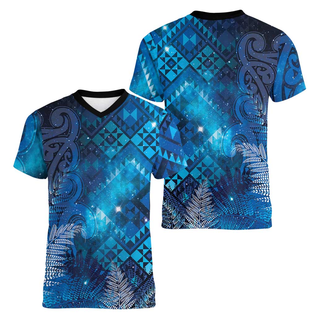 Aotearoa Taniko Matariki Women V-Neck T-Shirt Cosmic Blue
