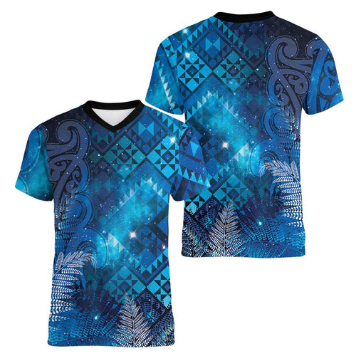 Aotearoa Taniko Matariki Women V-Neck T-Shirt Cosmic Blue