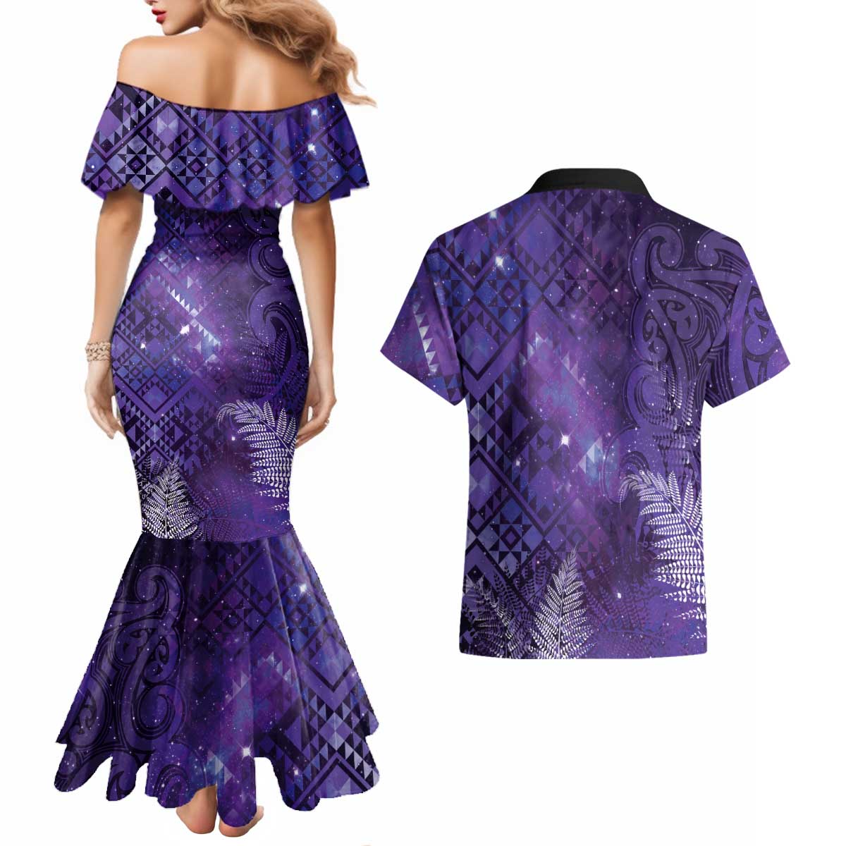 Aotearoa Taniko Matariki Couples Matching Mermaid Dress and Hawaiian Shirt Cosmic Violet