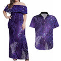 Aotearoa Taniko Matariki Couples Matching Off Shoulder Maxi Dress and Hawaiian Shirt Cosmic Violet