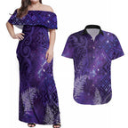 Aotearoa Taniko Matariki Couples Matching Off Shoulder Maxi Dress and Hawaiian Shirt Cosmic Violet