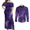 Aotearoa Taniko Matariki Couples Matching Off Shoulder Maxi Dress and Long Sleeve Button Shirt Cosmic Violet