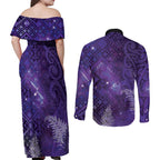 Aotearoa Taniko Matariki Couples Matching Off Shoulder Maxi Dress and Long Sleeve Button Shirt Cosmic Violet