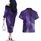 Aotearoa Taniko Matariki Couples Matching Off The Shoulder Long Sleeve Dress and Hawaiian Shirt Cosmic Violet