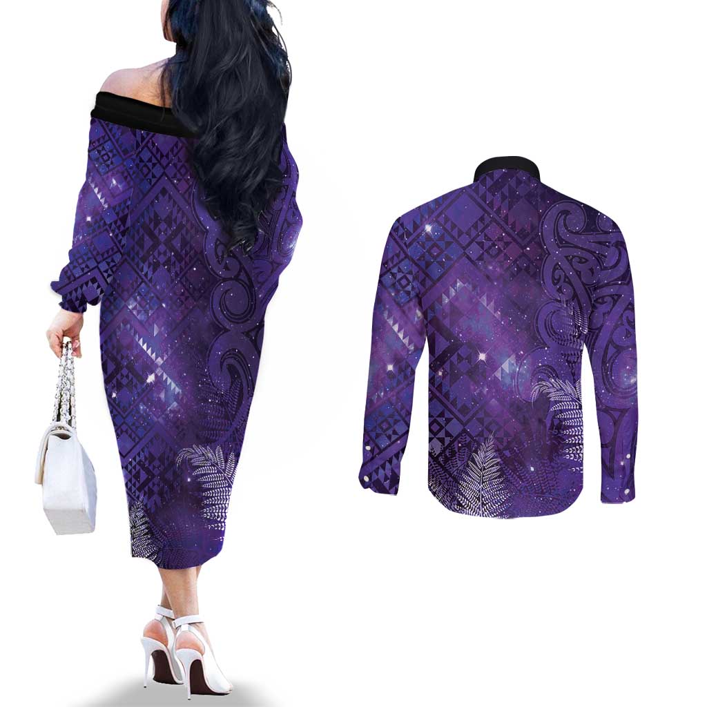 Aotearoa Taniko Matariki Couples Matching Off The Shoulder Long Sleeve Dress and Long Sleeve Button Shirt Cosmic Violet