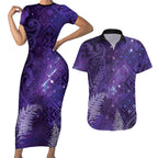 Aotearoa Taniko Matariki Couples Matching Short Sleeve Bodycon Dress and Hawaiian Shirt Cosmic Violet