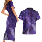 Aotearoa Taniko Matariki Couples Matching Short Sleeve Bodycon Dress and Hawaiian Shirt Cosmic Violet