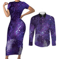 Aotearoa Taniko Matariki Couples Matching Short Sleeve Bodycon Dress and Long Sleeve Button Shirt Cosmic Violet
