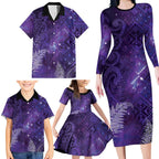 Aotearoa Taniko Matariki Family Matching Long Sleeve Bodycon Dress and Hawaiian Shirt Cosmic Violet
