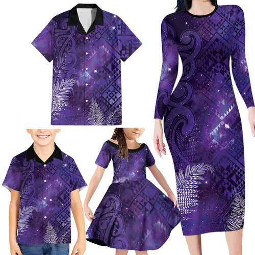 Aotearoa Taniko Matariki Family Matching Long Sleeve Bodycon Dress and Hawaiian Shirt Cosmic Violet