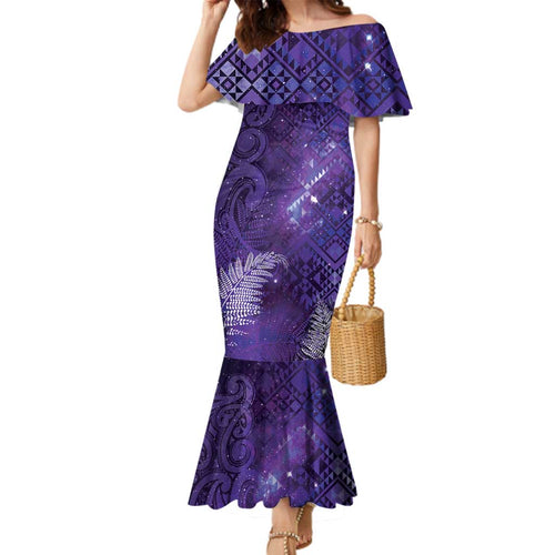 Aotearoa Taniko Matariki Family Matching Mermaid Dress and Hawaiian Shirt Cosmic Violet