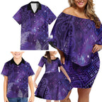 Aotearoa Taniko Matariki Family Matching Off Shoulder Short Dress and Hawaiian Shirt Cosmic Violet