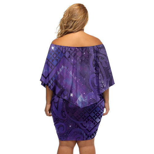 Aotearoa Taniko Matariki Family Matching Off Shoulder Short Dress and Hawaiian Shirt Cosmic Violet