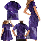 Aotearoa Taniko Matariki Family Matching Short Sleeve Bodycon Dress and Hawaiian Shirt Cosmic Violet