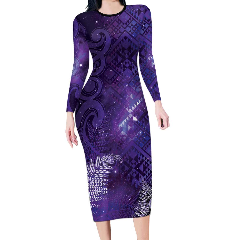 Aotearoa Taniko Matariki Long Sleeve Bodycon Dress Cosmic Violet