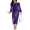 Aotearoa Taniko Matariki Off The Shoulder Long Sleeve Dress Cosmic Violet