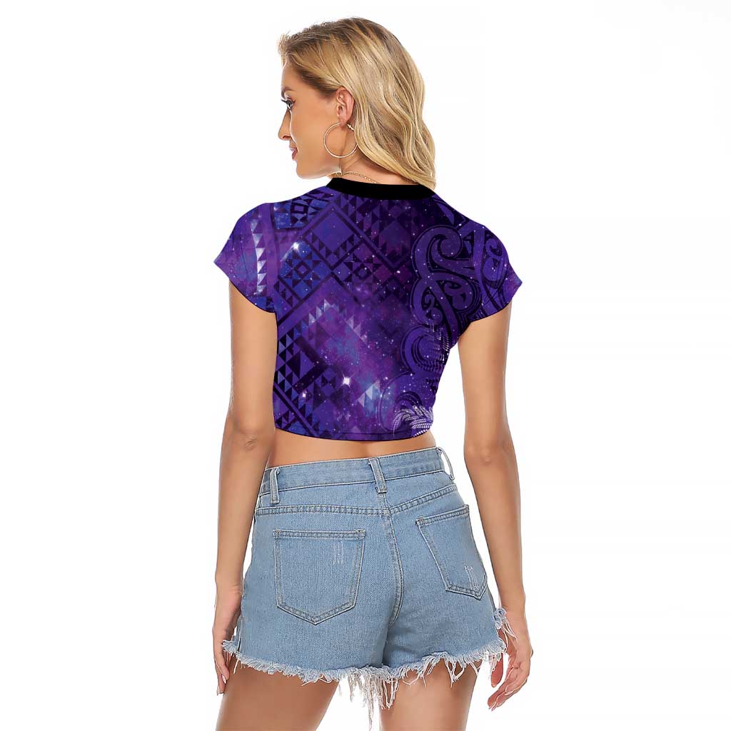 Aotearoa Taniko Matariki Raglan Cropped T Shirt Cosmic Violet