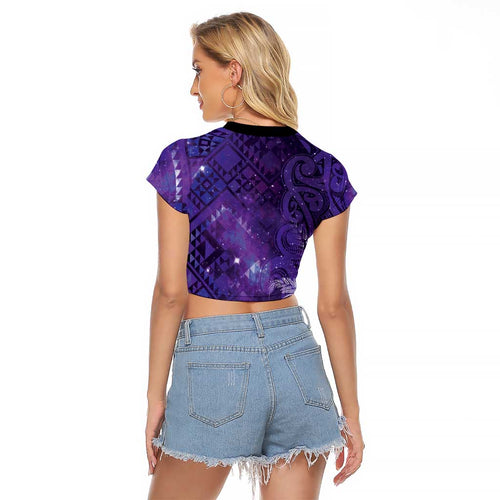 Aotearoa Taniko Matariki Raglan Cropped T Shirt Cosmic Violet