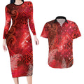 Aotearoa Taniko Matariki Couples Matching Long Sleeve Bodycon Dress and Hawaiian Shirt Cosmic Red