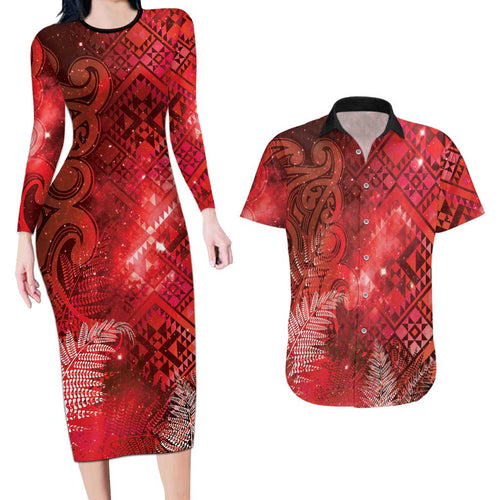 Aotearoa Taniko Matariki Couples Matching Long Sleeve Bodycon Dress and Hawaiian Shirt Cosmic Red