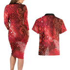 Aotearoa Taniko Matariki Couples Matching Long Sleeve Bodycon Dress and Hawaiian Shirt Cosmic Red