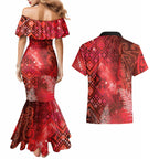 Aotearoa Taniko Matariki Couples Matching Mermaid Dress and Hawaiian Shirt Cosmic Red
