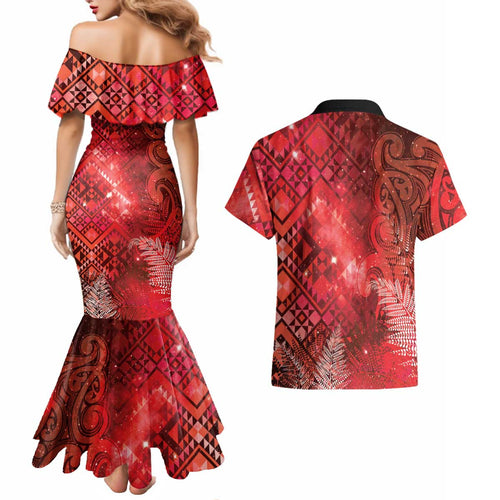 Aotearoa Taniko Matariki Couples Matching Mermaid Dress and Hawaiian Shirt Cosmic Red