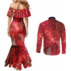 Aotearoa Taniko Matariki Couples Matching Mermaid Dress and Long Sleeve Button Shirt Cosmic Red