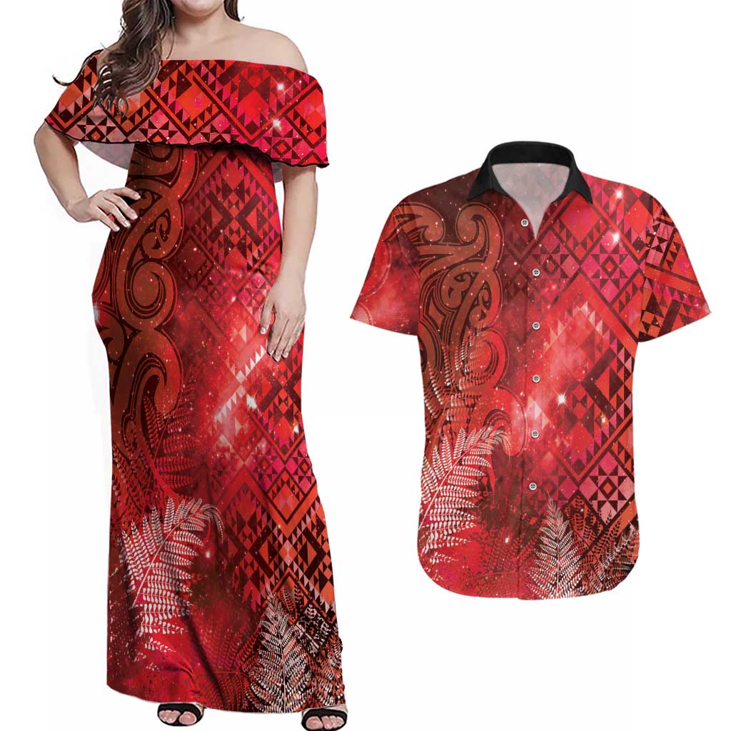 Aotearoa Taniko Matariki Couples Matching Off Shoulder Maxi Dress and Hawaiian Shirt Cosmic Red