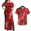Aotearoa Taniko Matariki Couples Matching Off Shoulder Maxi Dress and Hawaiian Shirt Cosmic Red