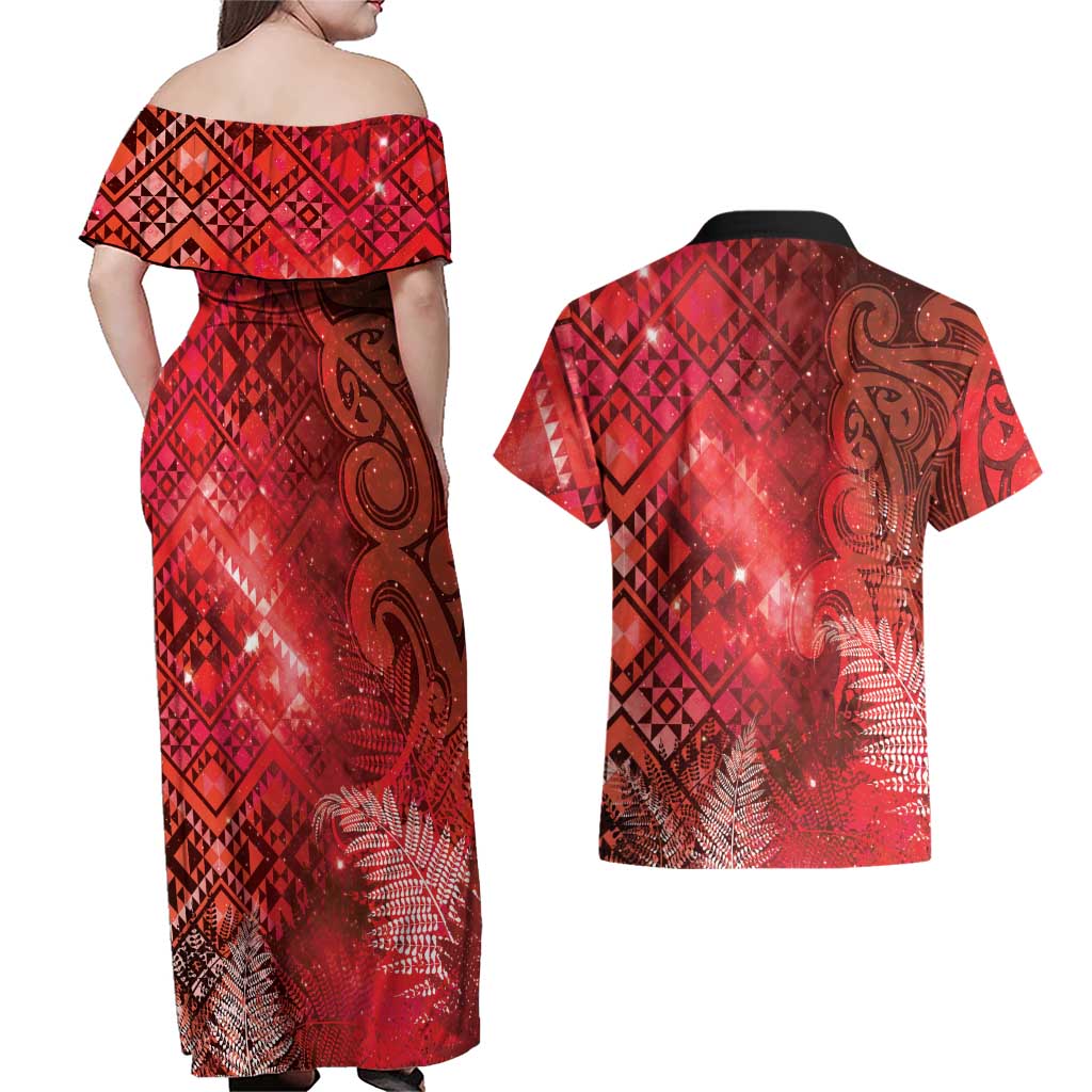 Aotearoa Taniko Matariki Couples Matching Off Shoulder Maxi Dress and Hawaiian Shirt Cosmic Red