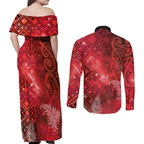 Aotearoa Taniko Matariki Couples Matching Off Shoulder Maxi Dress and Long Sleeve Button Shirt Cosmic Red