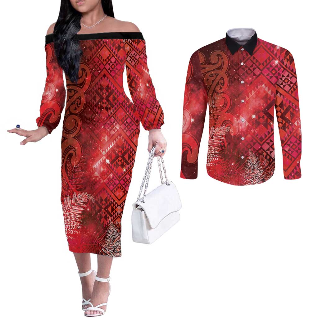 Aotearoa Taniko Matariki Couples Matching Off The Shoulder Long Sleeve Dress and Long Sleeve Button Shirt Cosmic Red