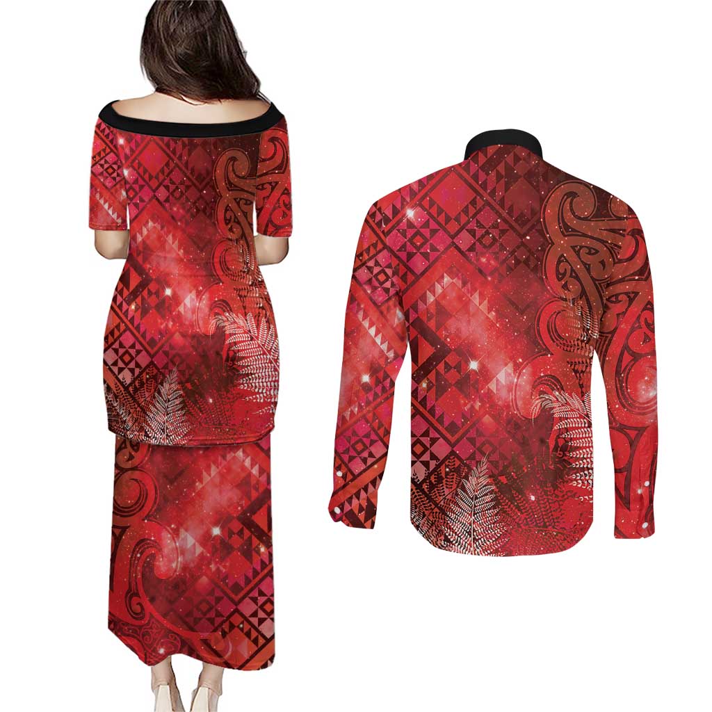 Aotearoa Taniko Matariki Couples Matching Puletasi and Long Sleeve Button Shirt Cosmic Red