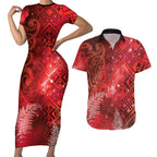 Aotearoa Taniko Matariki Couples Matching Short Sleeve Bodycon Dress and Hawaiian Shirt Cosmic Red