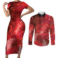 Aotearoa Taniko Matariki Couples Matching Short Sleeve Bodycon Dress and Long Sleeve Button Shirt Cosmic Red