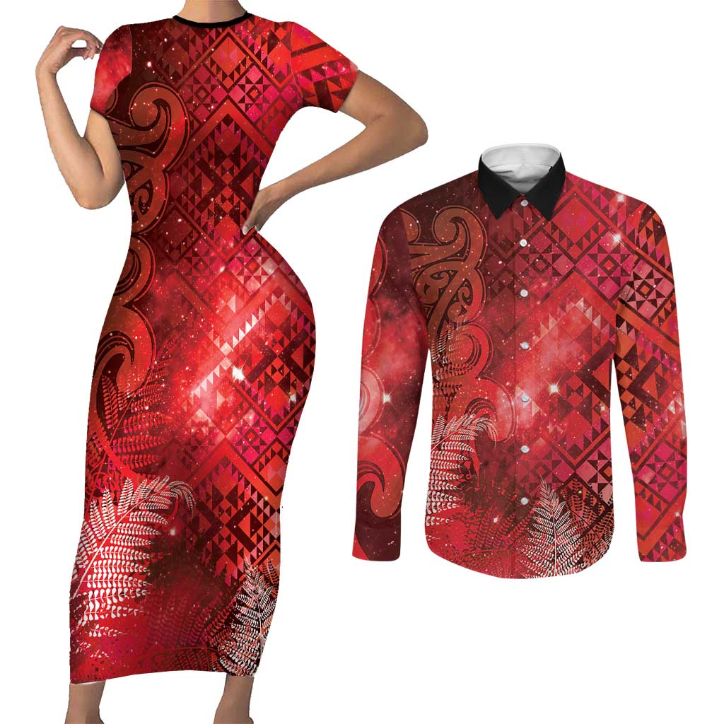 Aotearoa Taniko Matariki Couples Matching Short Sleeve Bodycon Dress and Long Sleeve Button Shirt Cosmic Red