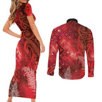 Aotearoa Taniko Matariki Couples Matching Short Sleeve Bodycon Dress and Long Sleeve Button Shirt Cosmic Red